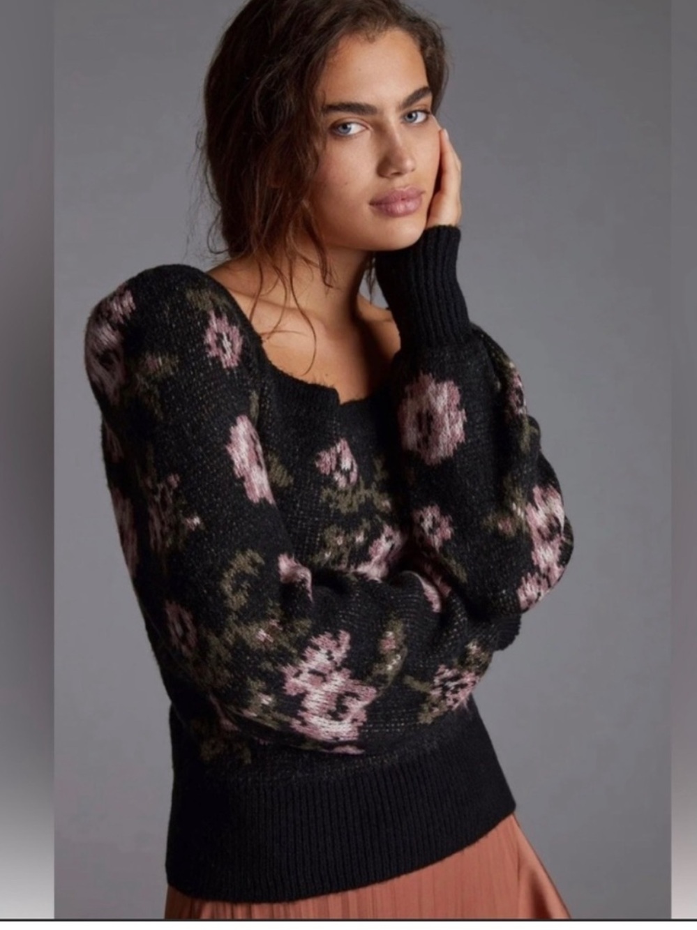 Anthropologie Square Neck Floral Print Puff Sleeve Sweater Sz M